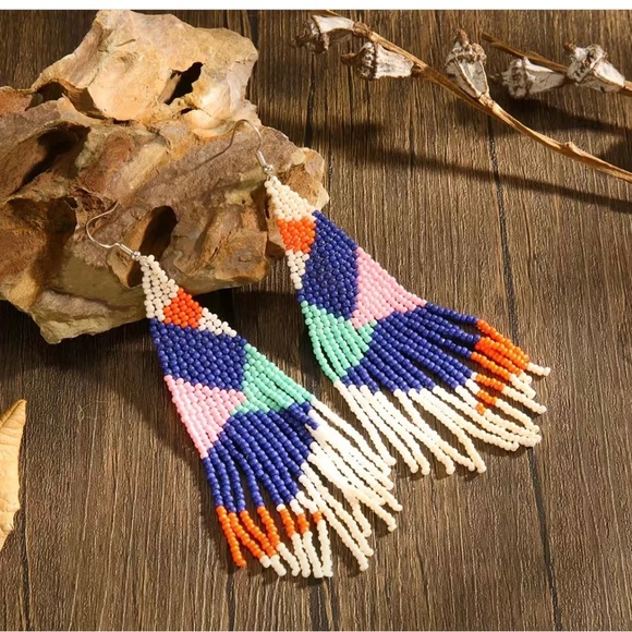 Handmade Native Bohemian Statement Seed Bead Tassel Fringe Drop Earrings - Picture 1 of 4